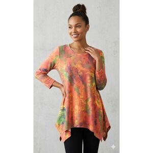 Philosophy Women's Multicolor Abstract Orange Green 3/4 Sleeve Tunic Top XL